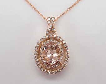 Morganite and Diamond Pendant and Chain - Rose Gold Halo Setting Charm Necklace - Pink Gemstone Fine Jewelry Charm Gift