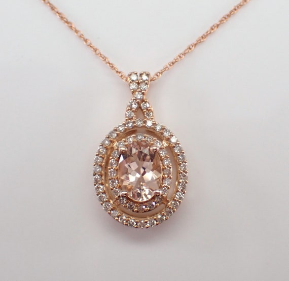 Morganite and Diamond Pendant and Chain - Rose Gold Halo Setting Charm Necklace - Pink Gemstone Fine Jewelry Charm Gift