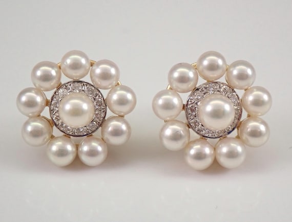 Vintage Pearl and Diamond Stud Earrings - Solid 14K Yellow Gold Halo Studs - June Birthstone Flower Design