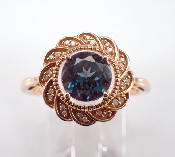 Alexandrite and Diamond Halo Ring - Rose Gold Gold Unique Bridal Jewelry - Purple Color Change Gemstone Gift
