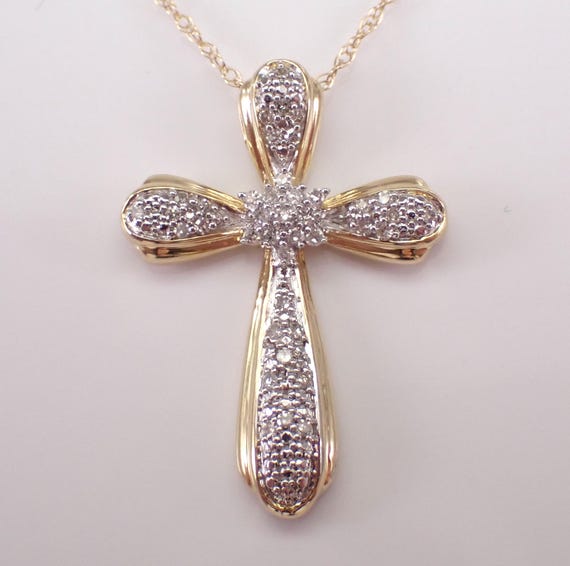 Yellow Gold Diamond Cross Pendant and Chain: Cluster Halo Religious Charm Necklace