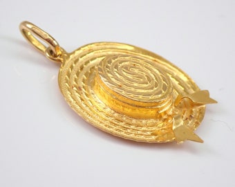 18K Yellow Gold SOMBRERO Charm Pendant - Estate Hat Ribbon Drop - GalaxyGems Fine Jewelry Gift