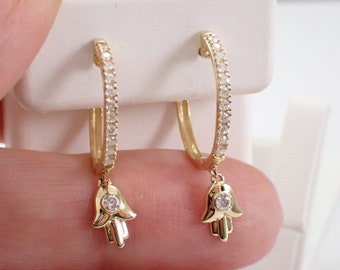 Diamond Hamsa Hoop Earrings - 14K Yellow Gold Unique Dangle Hoops - GalaxyGems Fine Jewelry Gift
