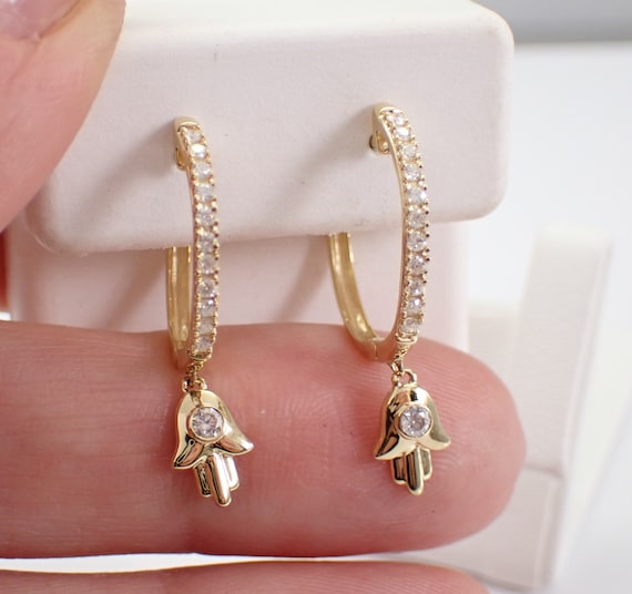 14K Yellow Gold Diamond Hamsa Earrings - Unique Dangle Charm Hoops - GalaxyGems Fine Jewelry Gift