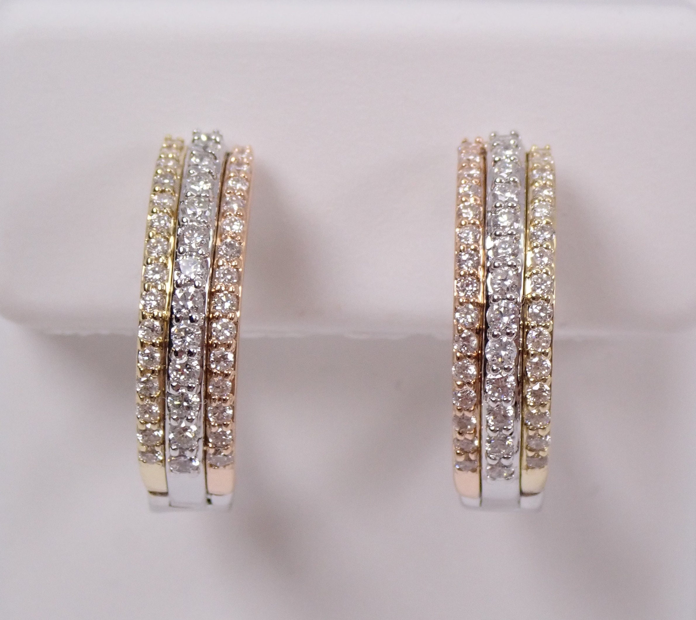 14K White Yellow Rose Gold Diamond Hoop Earrings Tri Color