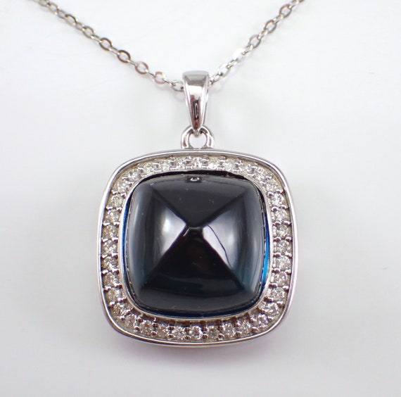 14K White Gold Blue Topaz Charm Necklace - Square Diamond Halo Pendant and Chain - December Birthstone Fine Jewelry Gift