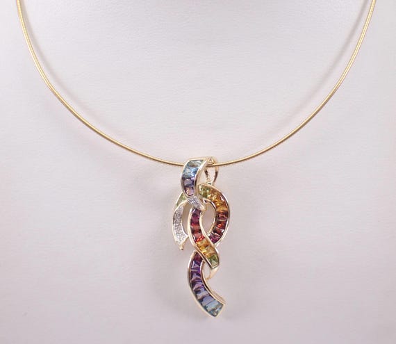 Vintage 14K Yellow Gold Multi Color Gemstone Enhancer Charm:  Slide Pendant Omega Wire Chain Necklace