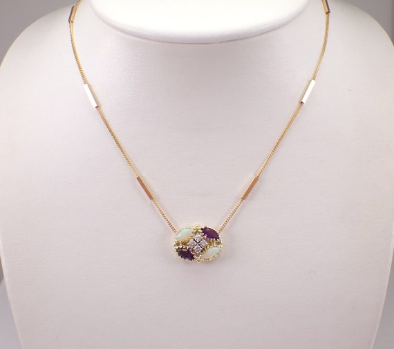 14K Yellow Gold Opal and Amethyst Necklace: Vintage Diamond Station Pendant and Chain