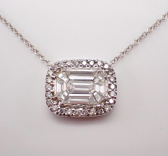 14K White Gold Diamond Station Necklace - Solitaire Cluster Pendant and Choker Chain - Unique Bridal Fine Jewelry Gift