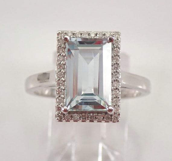 14K White Gold Aquamarine Engagement Ring - Aqua and Diamond Halo Setting - March Birthstone Fine Jewelry Gift