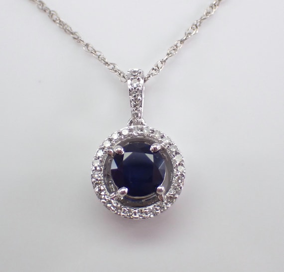 Sapphire and Diamond Charm Pendant - White Gold Halo Necklace and Chain - September Birthstone Fine Jewelry Gift
