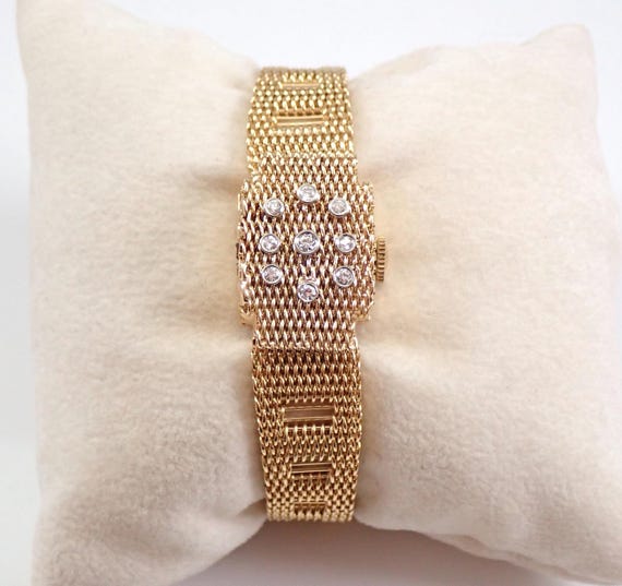 Antique Diamond Watch Bracelet - Vintage 14K Yellow Gold ELOGA Wristwatch - 70s Flip Top Galaxygems Fine Jewelry Gift