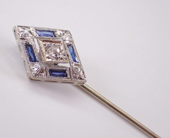 Antique Platinum and 14k White Gold Sapphire Stick Pin - Art Deco Old Miner Diamond Brooch