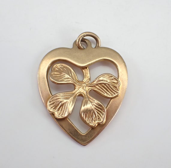 Vintage 14K Yellow Gold Clover Charm Pendant - Dainty Little Good Luck Heart and Flower Drop