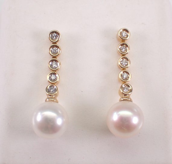 14K Yellow Pearl Dangle Earrings: Dainty Diamond Dangle Drops