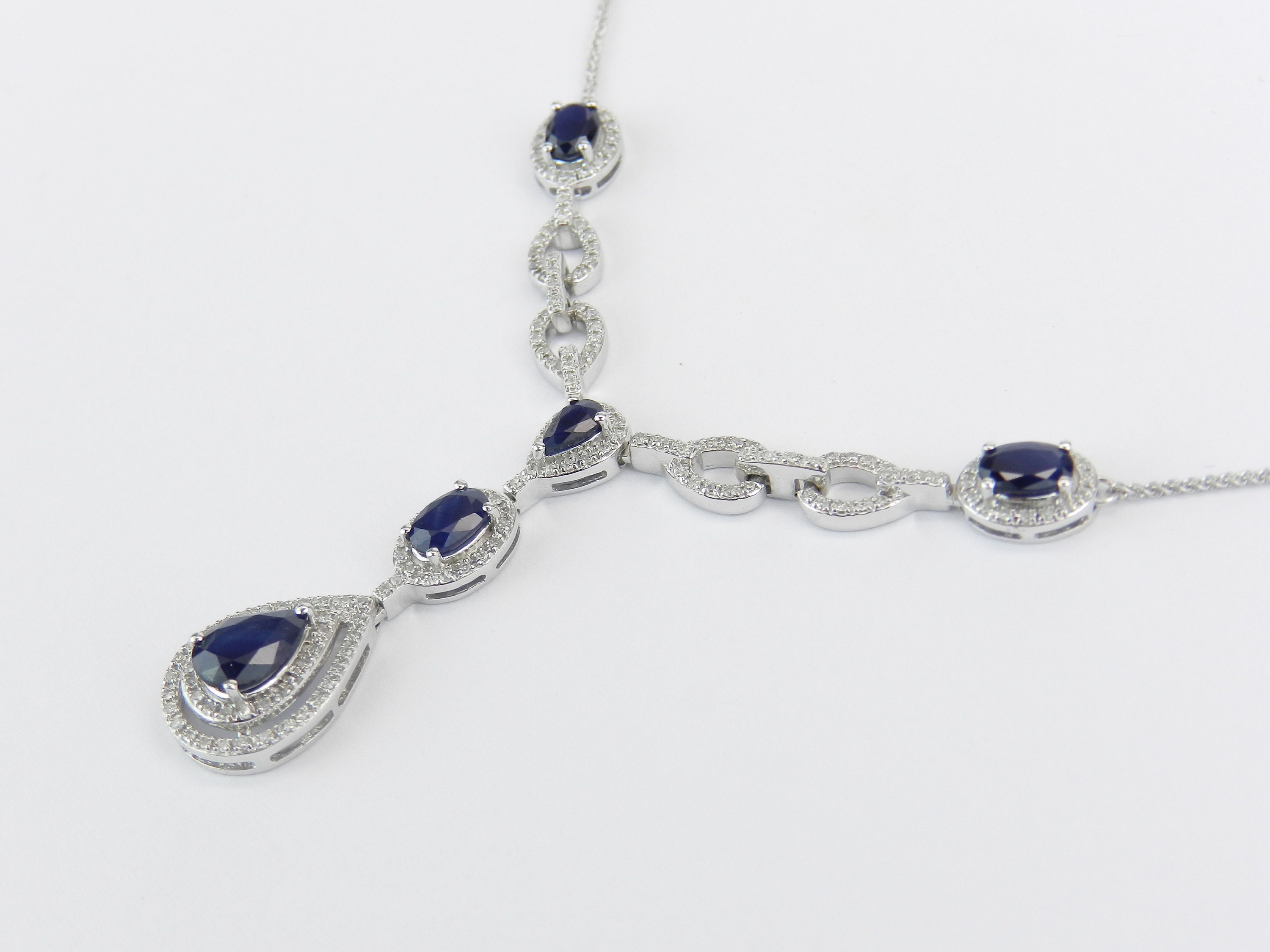 Sapphire and Diamond Lariat Necklace, 14K White Gold Necklace ...