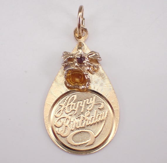 Vintage 14K Yellow Gold Happy Birthday Charm, Unique Birth Day Bow Pendant, Teardrop Jewelry Gift for Necklace or Bracelet