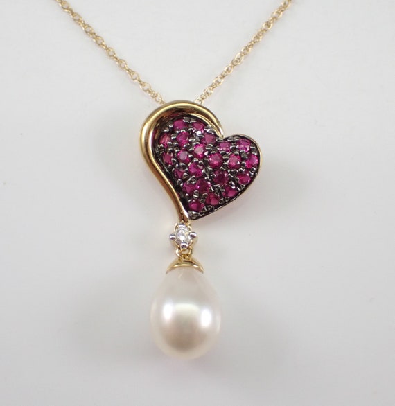 Ruby and Pearl Cluster Heart Necklace Charm - Yellow Gold Diamond Drop Pendant -  June and July Birthstone Gemstone Jewelry