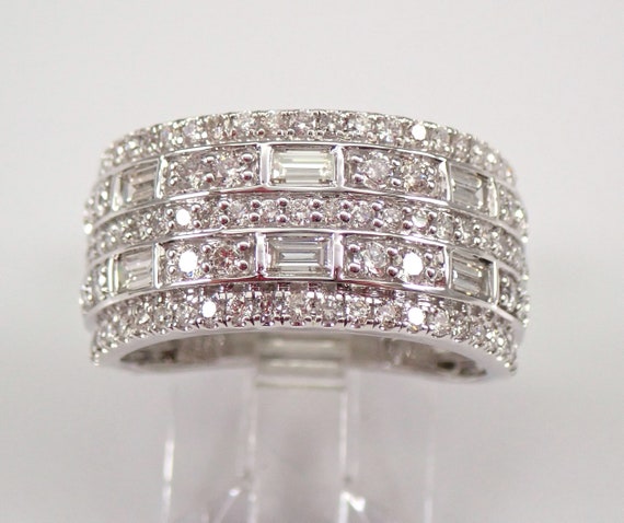 White Gold Diamond Anniversary Ring - Baguette and Round Wedding Band - Unique Bridal Fine Jewelry Gift
