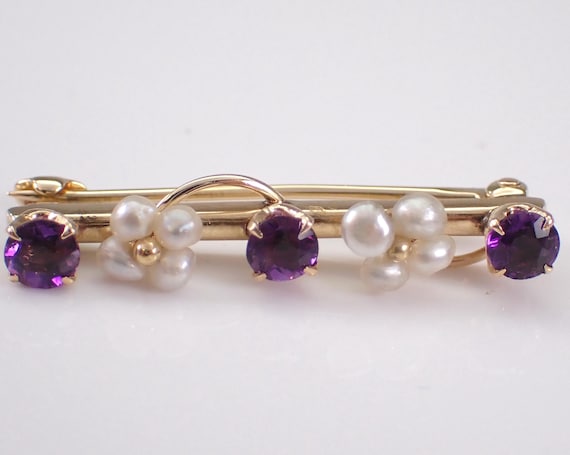 Antique 14K Yellow Gold Pearl and Amethyst Brooch - Vintage Dainty Gemstone Stick Pin - Unique Flower Fine Jewelry Gift