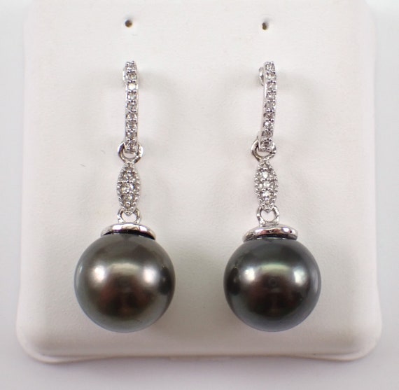 Black Tahitian Pearl Earrings - Diamond Bar Dangle Setting - 14K White Gold Fine Jewelry Gift - June Birthstone Gem Stone