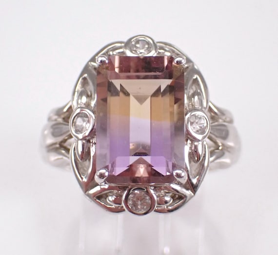 Estate Ametrine and White Sapphire Ring - Sterling Silver Emerald Cut Gemstone - Gradient Purple to Golden Color