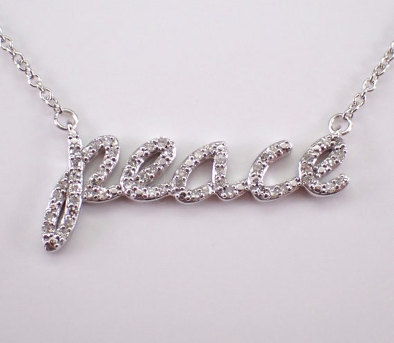 White Gold Diamond PEACE Necklace - Unique Charm Pendant Choker with Chain - GalaxyGems Fine Jewelry Gift