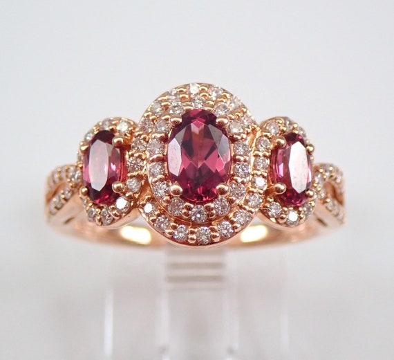 Genuine Rhodolite Garnet Ring, Diamond Halo Engagement Ring, 14K Solid Rose Gold Fine Jewelry, January Birthstone Gift