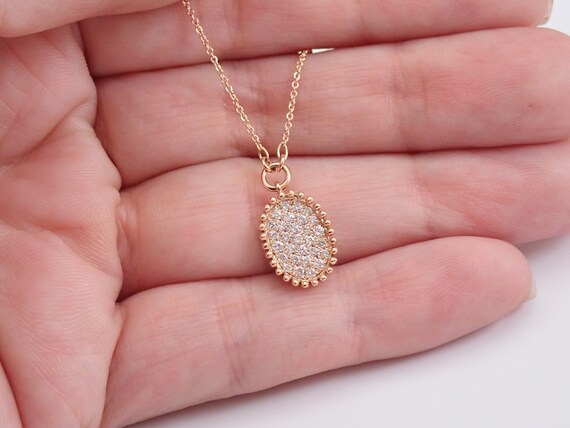 Solid 14K Rose Gold Diamond Necklace, Oval Pave C… - image 5