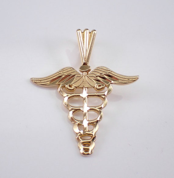 Vintage 14K Yellow Gold Caduceus Medical Symbol Charm, Doctor or Nurse Pendant for Bracelet or Necklace