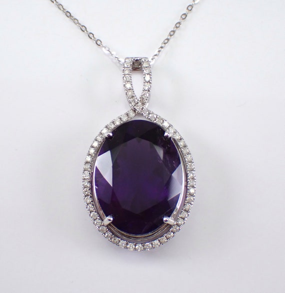 Large 16ct Amethyst and Diamond Necklace - 14K White Gold Gemstone Pendant Slide - February Birthstone Jewelry Gift