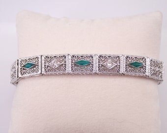 Antique 14K White Gold Filigree Bracelet - Art Deco Diamond and Emerald Link - 1920s Vintage Fine Jewelry Gift