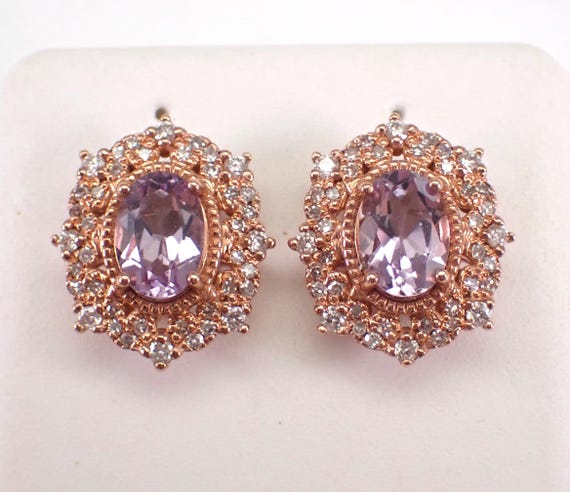 Rose Gold Amethyst Stud Earrings, Dainty Diamond Halo Setting - Snowflake Lavender Gemstone Jewelry Gift