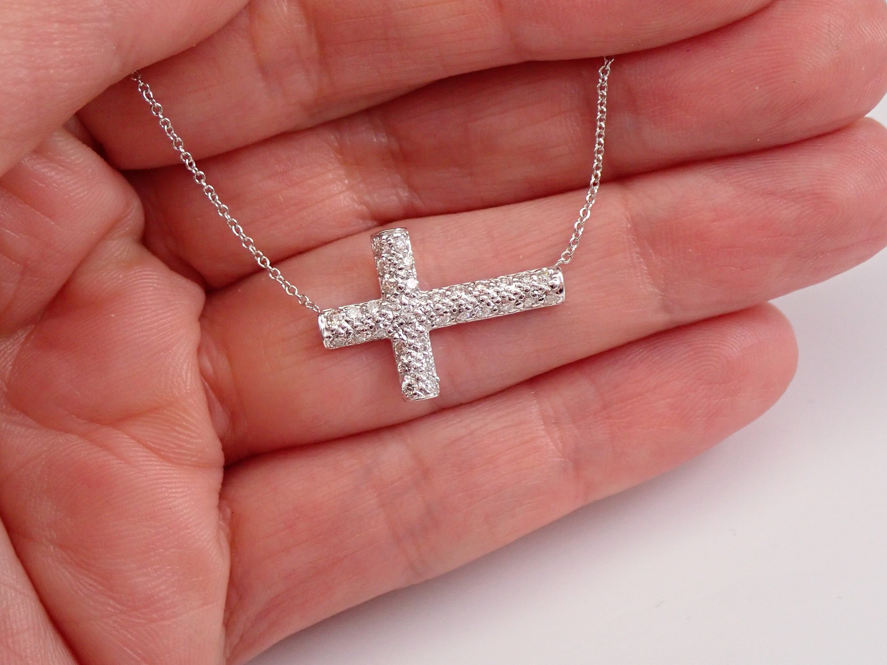 14k Solid Gold Large Sideways Cross Necklace / Curved Diamond Cross Pendant  Necklace for Women / Religious Diamond Necklace / Birthday Gift - Etsy