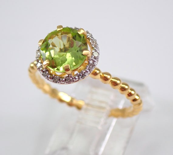 Dainty Peridot Engagement Ring - Yellow Gold Diamond Halo Setting - Green Birthstone Fine Jewelry Gift