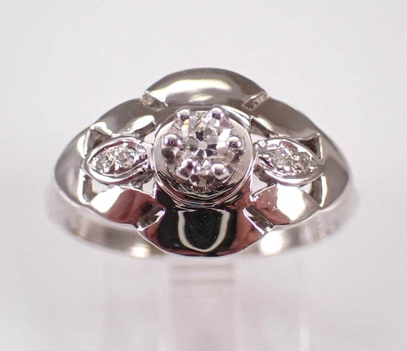 Antique 14K White Gold Diamond Engagement Ring, Art Deco Solitaire Setting, Simple Bridal Old Miner Promise Jewelry
