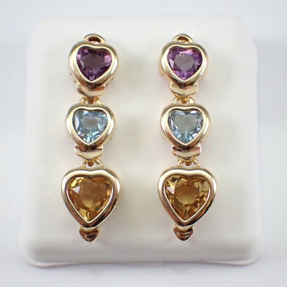 Vintage 14k Yellow Gold Gemstone Heart Earrings - Colorful Dangle Amethyst Blue Topaz Citrine - Unique Estate Jewelry