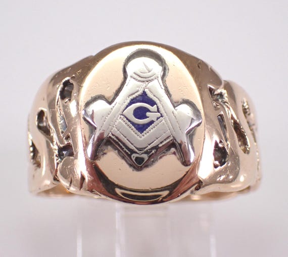 Antique 14K Yellow Gold Masonic Ring: Vintage Two Tone Enamel Setting