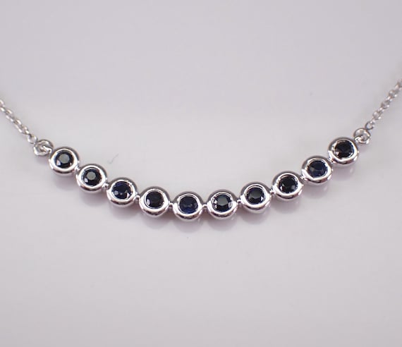 White Gold Sapphire Curved Bar Necklace, Gemstone Station Pendant and Chain, Unique Fine Jewelry Gift