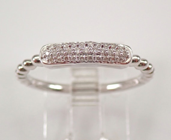 14K White Gold Diamond Midi Ring, Stackable Beaded Wedding Band, Dainty Bridal Anniversary Jewelry Gift