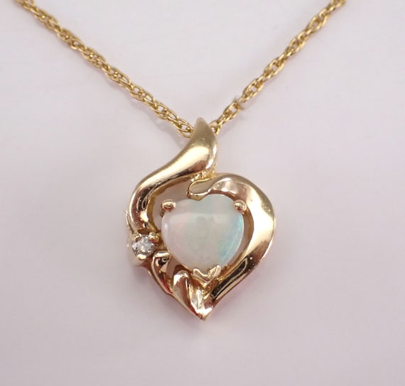 Vintage Opal and Diamond Necklace - 14K Yellow Gold Heart Charm Pendant and Chain -  October Birthstone Gemstone Jewelry Gift