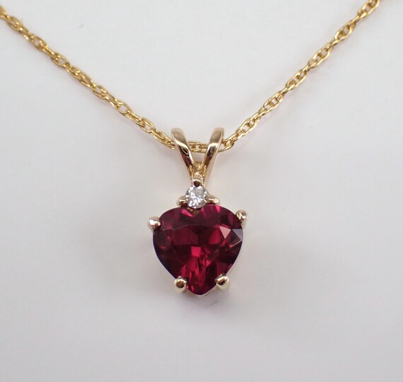 Vintage Garnet Heart and Diamond Pendant - 14K Yellow Gold Dainty Gemstone Necklace - January Birthstone Jewelry Gift