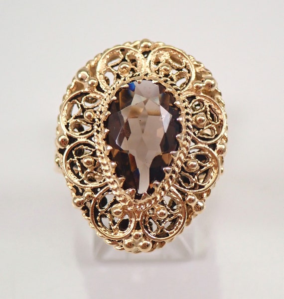 14K Yellow Gold Smokey Topaz Ring - Antique Filigree Teardrop Band - Vintage Brown Quartz Jewelry Gift