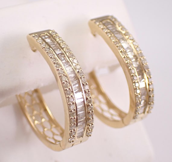 14K Yellow Gold Diamond Hoop Earrings: Multi Row Baguette Huggie Hoops