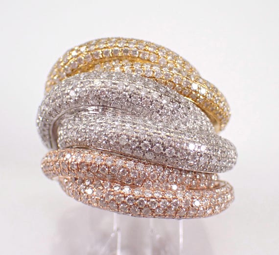 14K Tri Color Gold Diamond Wedding Ring - Chunky Crossover Yellow and Pink Band - Unique Stackable Bridal Jewelry Gift