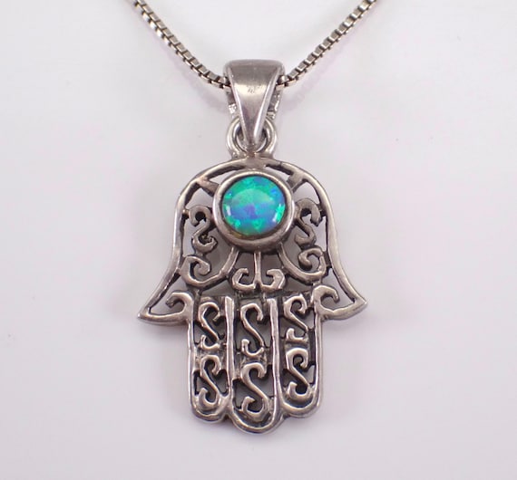 Vintage Opal Hamsa Necklace, Sterling Silver Hand of God Pendant Chain, Estate Gemstone Charm