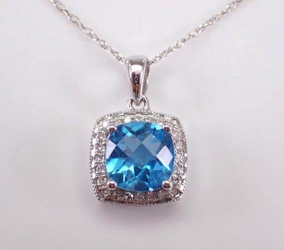 14K White Gold Blue Topaz Pendant and Chain - Diamond Halo Set Charm Necklace - Unique Bridal Fine Jewelry Gift