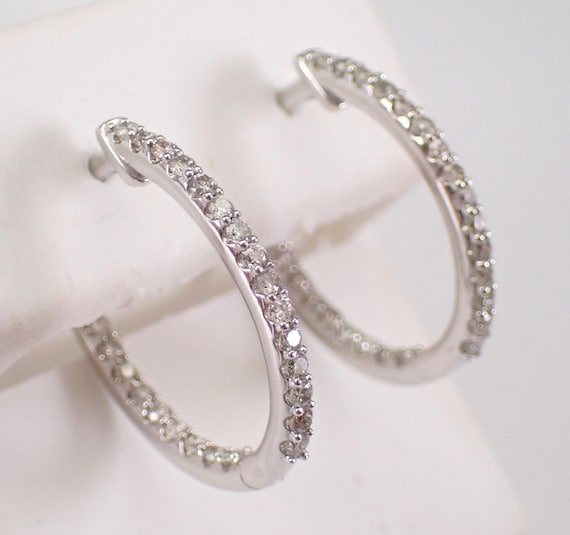 White Gold Diamond Hoop Earrings - Inside and Out All The Way Around Hoops - Dainty Bridal Fine Jewelry Gift