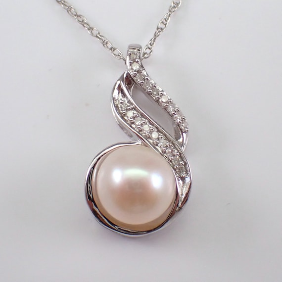 Pearl and Diamond Drop Pendant - White Gold Choker Charm Necklace - 18 inch Thin Chain - June Birthstone Jewelry Gift