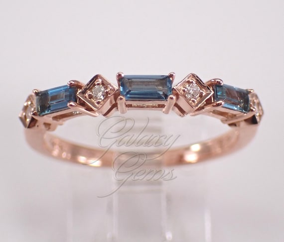 Baguette Blue Topaz and Diamond Wedding Ring - Rose Gold Stackable Anniversary Band